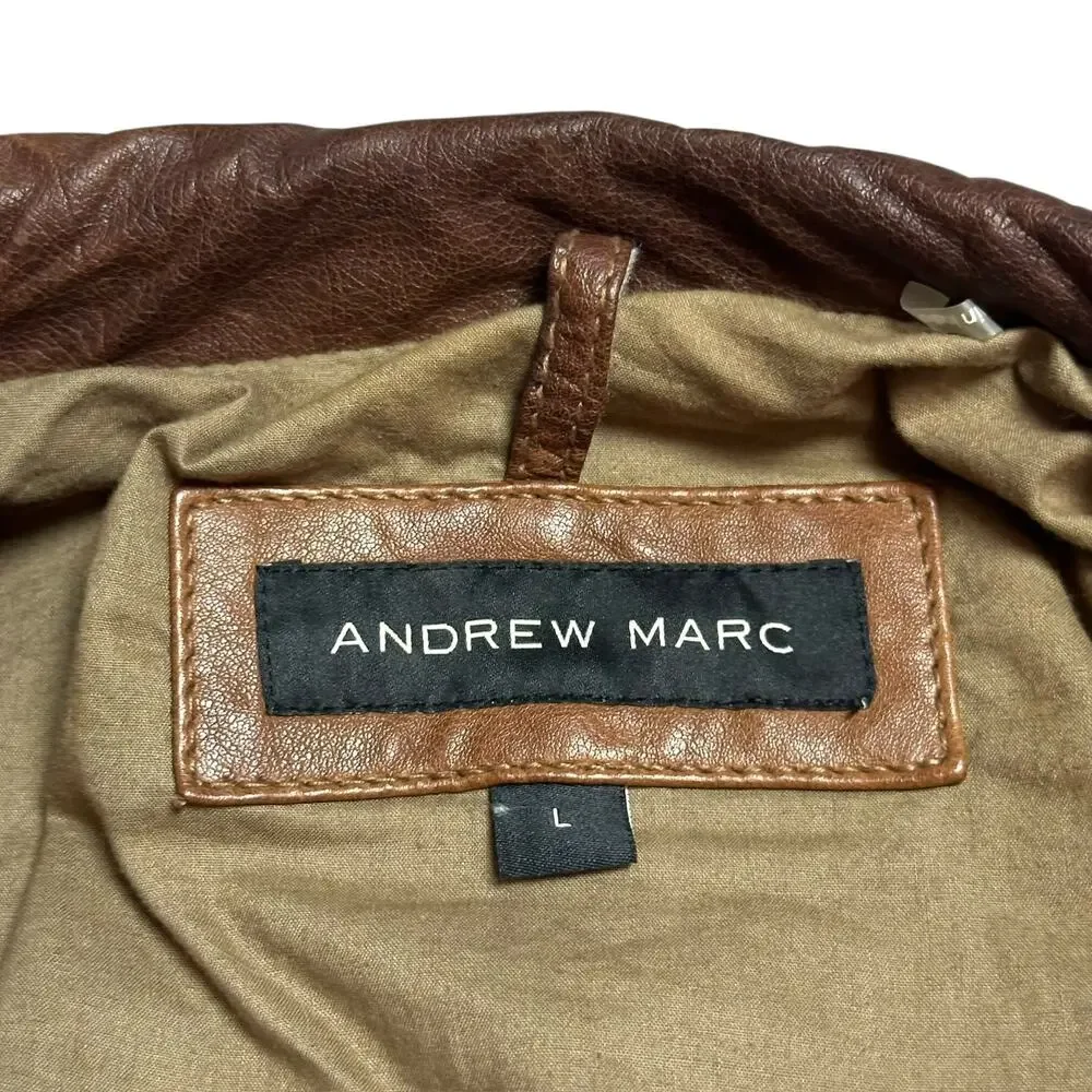 Andrew Marc Brown Leather Utility Moto Chore Jacket Mackinaw Style Sz L - Picture 4 of 10